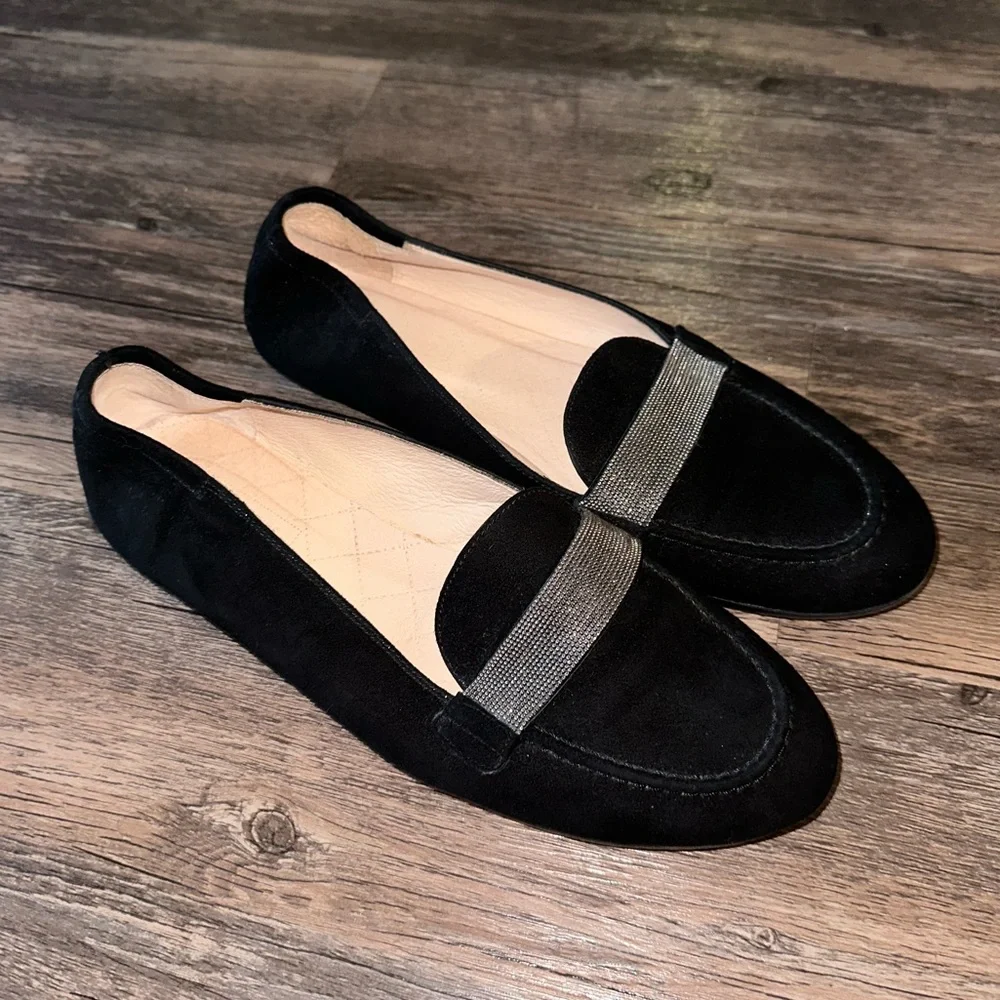 Hispanitas Black Suede Loafers with Silver Rhinestones size 8 1/2